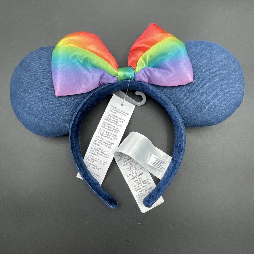 Disney Parks Rainbow Pride Minnie Ears Headband Denim Ears/Rainbow Bow OSFM NWT‎